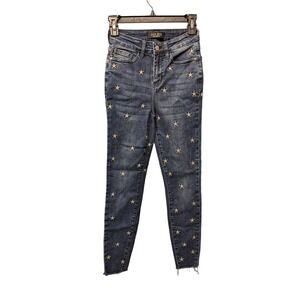 JUDY BLUE 0/24 Jeans High Waist Skinny Fit Star Embroidery Raw Hems Dark Wash